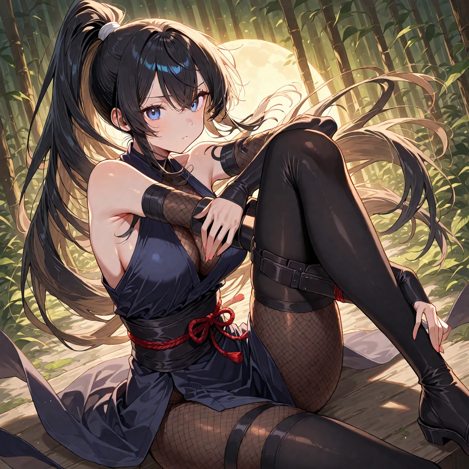 Anime Girl with long thin hair in 2 pigtails and blue ties, detailed key anime art, anime girl with black hair, shadowverse style, off shoulder, Using a white blue cheongsam, blue stocking, Kicking style, in the bamboo tree, blue eyes, masterpiece, UHD, Big eyes