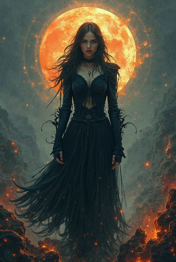 witch ,eternity ,burning village ,evil smile ,dark forbidden Magic devil book , flat chest , slim , very long pitch black hair , red eyes , veins, possessed by the Devil