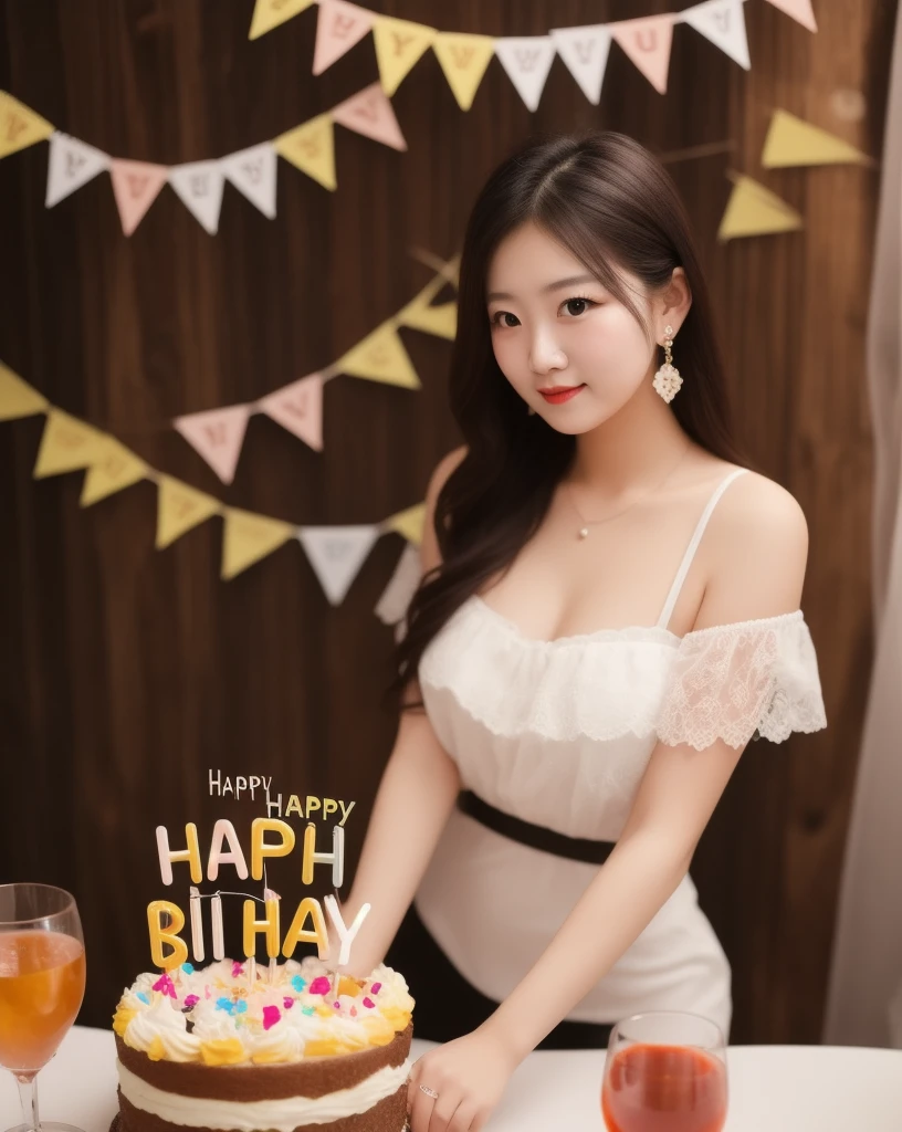 8k, ultra high resolution, one pretty girl, solo, supermodel, full body, long hair, makeup, parted lips, big breasts, cleavage, wearing a sexy bikini, (looking at viewer), standing on the middle of a huge cake in a birthday party, thighs, soft lighting, film grain, upper body, epiCPhoto, (best quality:1.2), (masterpiece),((ultra-detailed)),