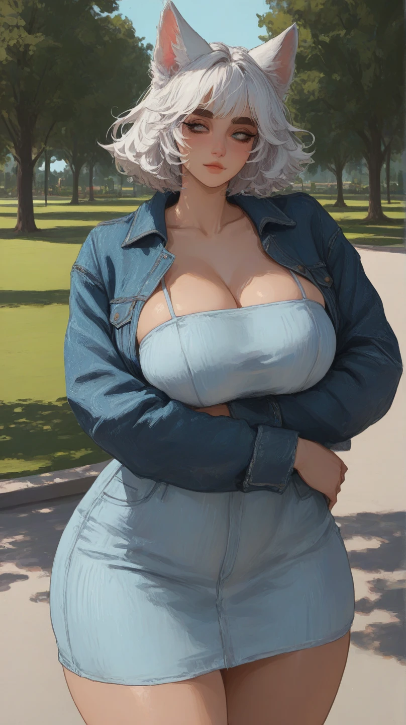Billie Eilish, realistic, masterpiece quality, studio lighting, platinum hair, long hair, at the park, sunny day, ahegao face, thin body, huge boobs, lots of cleavage, wearing blue jeans, wearing cop top,