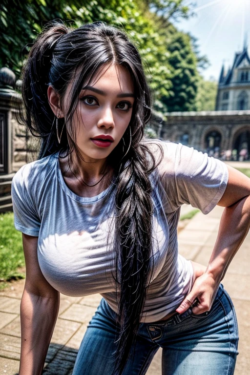 Split ratio : 1,1,1 basic relationship: Ultra-realistic movie master pie with ultra-detailed primetime portraits, (最high qualiy, 8K, table top, ultra HD), 1 girl:1. years old、work of art,最high qualiy,high qualiy,high resolution,Perfect dynamic composition:1.2,Beauthfull (mixed girl)(Hera Madison:0.45)(Jessica Alba:0.25)(ariana grande:0.25) in one (1 girl:1.3 22 years old),fashion supermodel,(best high qualiy real texture skin),(Female Ebony Skin),(Cabelo com textura de high qualiy),((curly hair(braided ponytail) extremely detaild:1.33)),(plein-air,in the park Thu evening,nightfall),(Thu,at the forest, many leaves fallen on the ground),(perfect proportions),(anatomically correcte),(perfect female body),((large and firm breasts:1.2)),((Valley exhibition, below the chest:1.3)),Scrawny face,beautiful cheekbones,((Scrawny,muscled body)),(Super beautiful face),(lifelike face),(high-detailed face),((highly detailed eyeballs))tirot and sleepy and satisfied:0.0),realistic eyeballs,perfect round eyeballs,finely detailed pupils,break,((maroon_eyeballs)),Detailed lips,rot_lipstick),Pink_make up,(detailed nose),(intricately detailed outfit(graffiti printed on a short jacket,Sports top) don,(Intricately detailed V-neck sports top),dynamic pose,exquisite balance of shadows,((Above Knee Shot)),Look at the Beholder