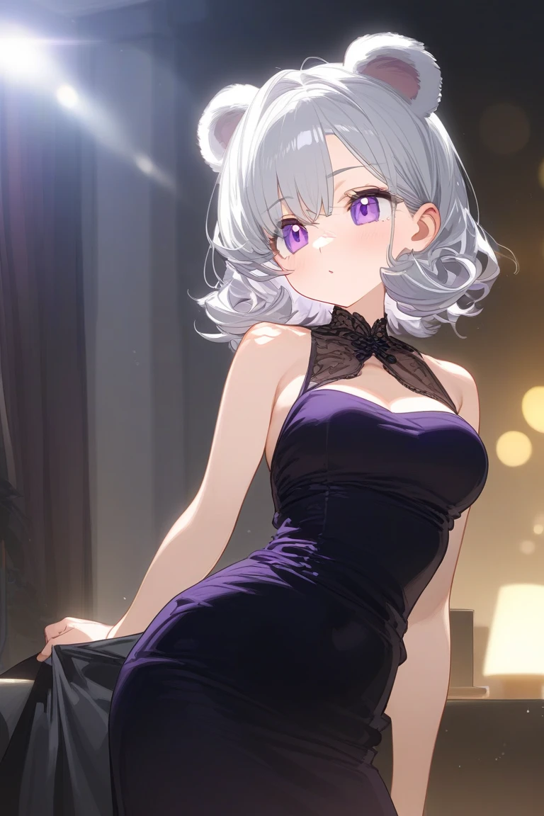 1 female,(Detailed Description,Incredibly absurd,High resolution,8k wallpaper,masterpiece,Highest quality,Depth of region,Anatomically accurate depiction,Perfect body,Two lovely hands, Five perfect fingers),(Glowing Skin,Shiny skin,Oilskin),(Shiny sequined off-the-shoulder velvet dress,Tight Skirt, High heels,stockings,accessories),eyelash,(Purple Eyes,There is cleavage in the chest,Bewitching Smile,Glossy lipstick,Sidelong glance,eye shadow,Silver Hair),Sweat,(whole body),Party Venue