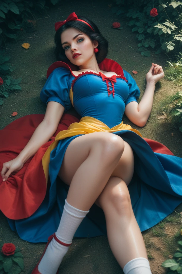 score_9, score_8_up, score_7_up, score_6_up, score_5_up, score_4_up, Snow White, 1girl, small smile, sitting by a pond, on a bench, feet in the water, zPDXL2, 