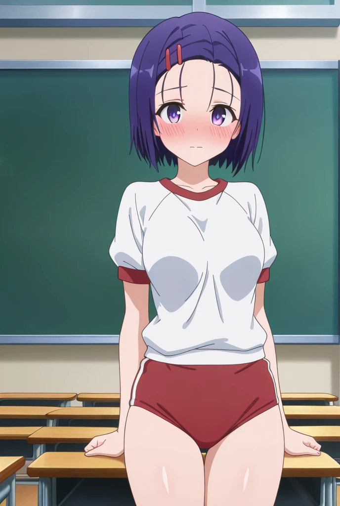 score_9, score_8_up, score_7_up, score_6_up, score_5_up, score_4_up, BREAK, source_anime, anime screencap, anime coloring, 1girl, solo, perfect anatomy, (Fuwa Kokone), blue hair, medium hair, green eyes, lite smile, looking at viewer, navel, (skintight, very tight gym uniform, short sleeves, white shirt, crop-top, under sized micro blue buruma, zettai ryouiki white thighhighs), sagging huge_breasts, erect nipples, thigh gap, indoor, double v, standing, (unshaven hairy natural public hair)