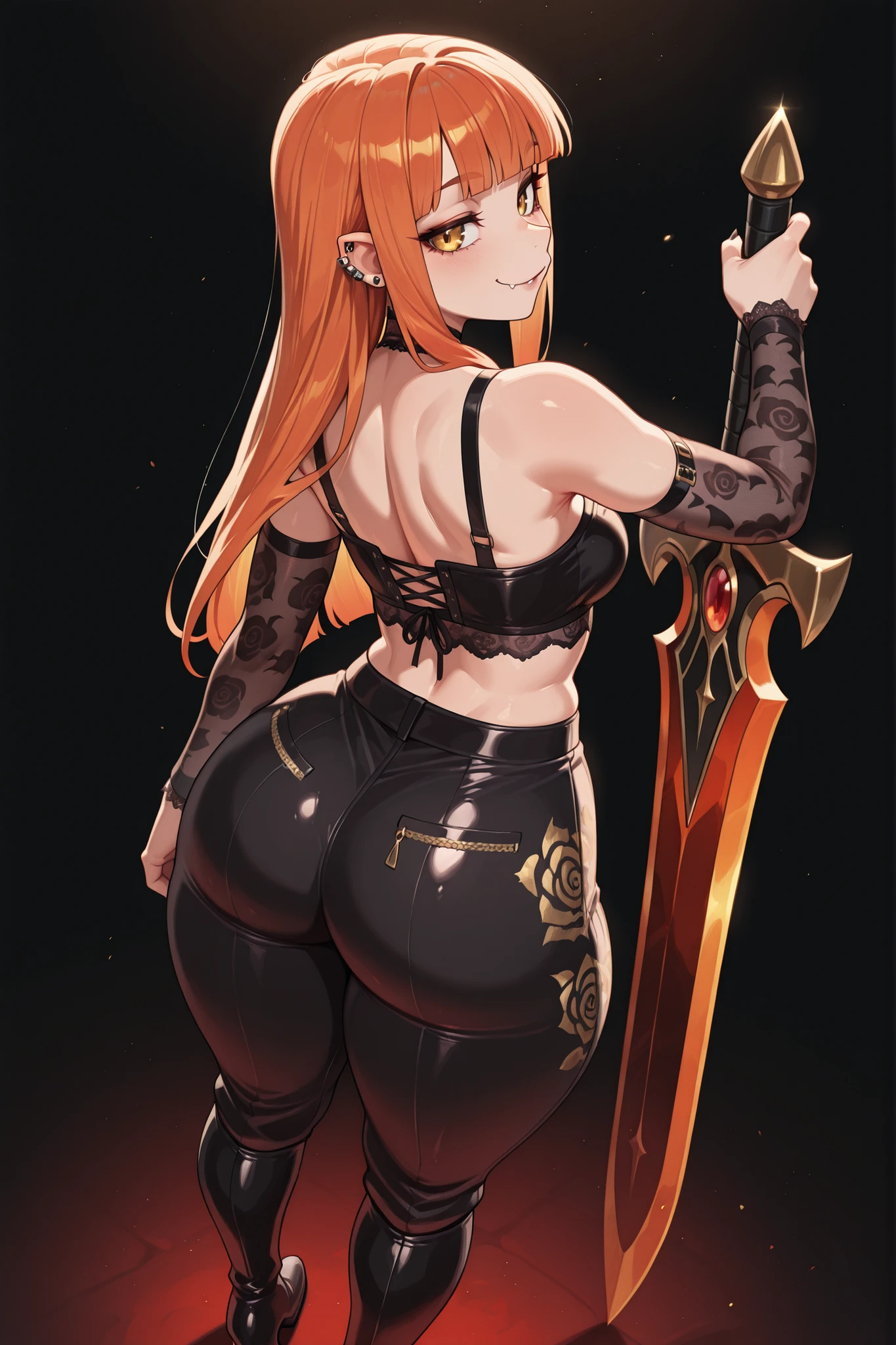 (masterpiece), best quality, female warrior, dark fantasy, huge girl, female muscular:1.2, ginger hair, (curvy:1.6), ((thick thighs:1.3)), (((blank background))), ((full body)), fingerless gloves, long bootss, sleeveless, (straight hair), (fur top) , strapless top, (spread legs), standing, (from behind) , (long legs:1.5), ((legs apart))