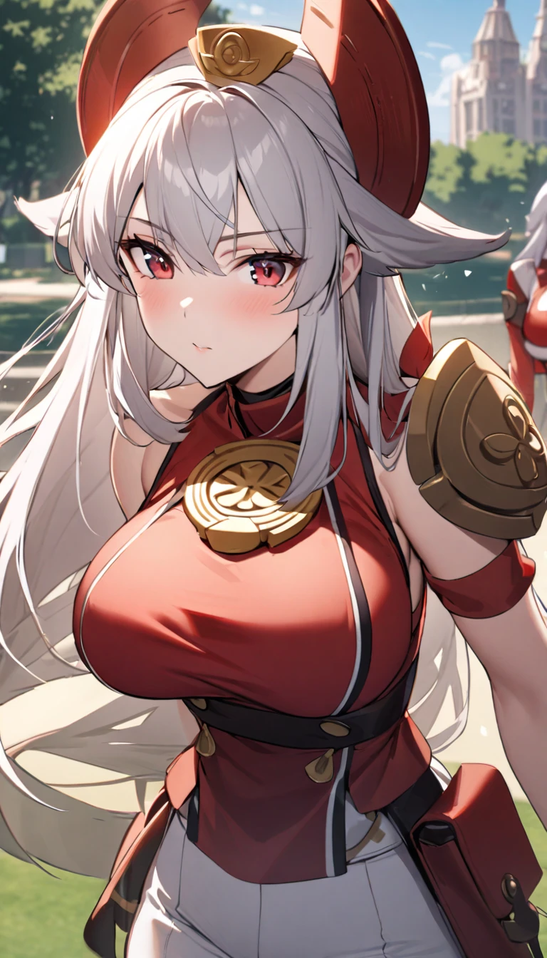 ((best quality)),((highly detailed)),masterpiece,absurdres,detailed face,beautiful face,(detailed eyes, deep eyes),1girl,((dynamic pose)), gold ship, white hair, solo, bow, large breasts, chinese town, outdoors, seductive smile, looking at viewer, wearing red chinese dress, put your hands behind your head, armpits, armpits visible, sweaty armpits