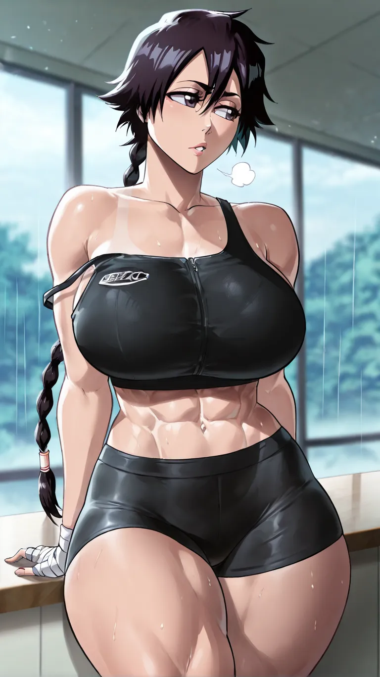 gym, exersice, workout, hot, sweating, sweaty, tan, big boobs, tan skin, lifting, flustered, blush, cheeta camo clothes, see thru,cheeta camo, cheeta pattern, black hair, ponytail, pants, cheeta pants, red eyes, yellow camo