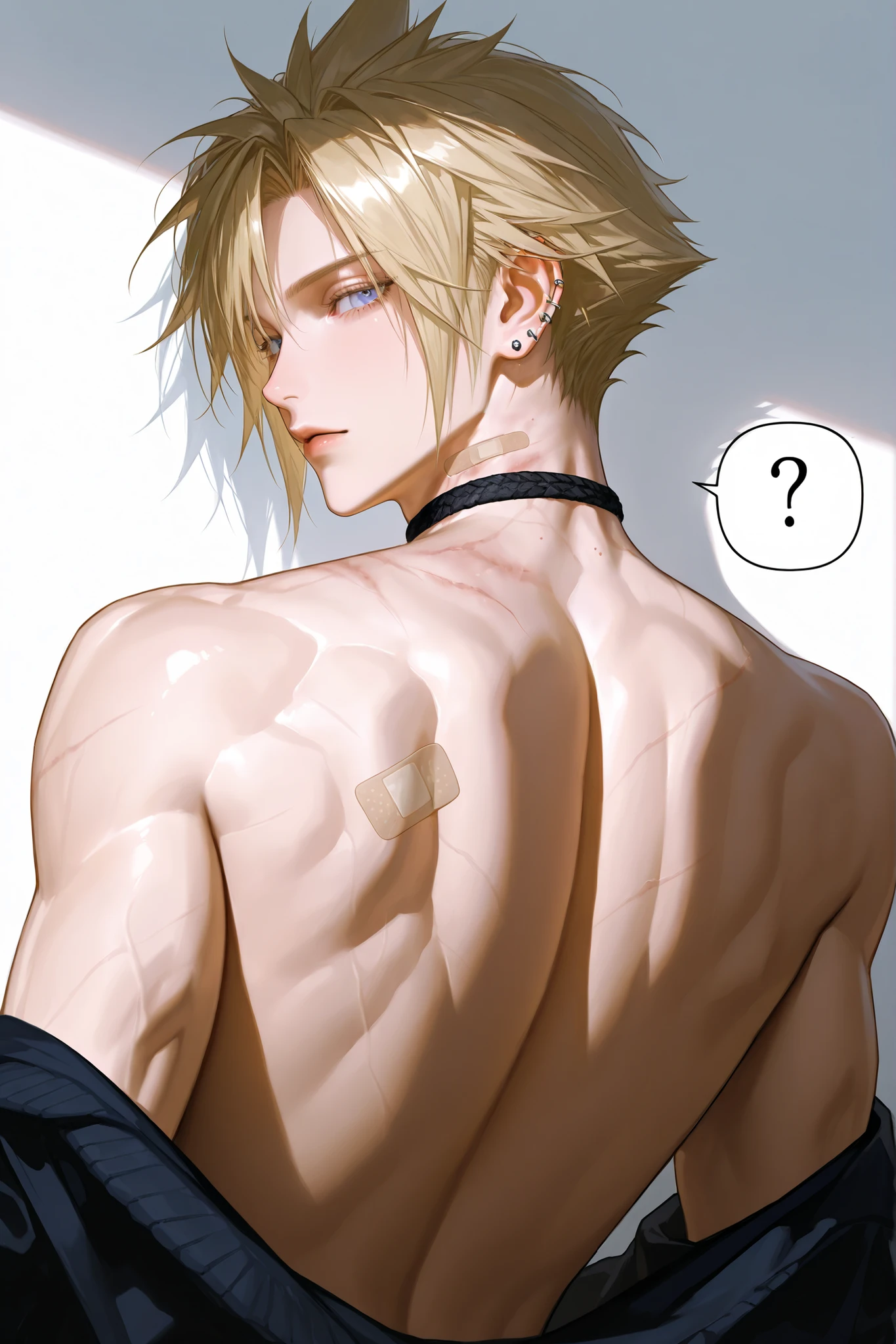 Male, standing at 5-foot 9-inches (175.26cm) with a face that even top supermodels could only wish for, albeit with a small scar on his cheek, he was just wearing a plainwhite short-sleeve shirt with gray-cargo sweatpants, his tight shirt vaguely showing the subtle outline his 8 toned abs and toned broad shoulders making a perfect V-Taper aligned with his slim waist, he had pretty large forearms and his arms (including biceps) were unreasonably shredded, perfectly sculpted, also having great muscle definition, and a Strong - Extremely Athletic Physique, he had Fluffy - Wavy Strawberry-Blonde hair with a Double-Eyebrow slit, he had Deep-Blood Red eyes, but they were covered, due to his hair being messy, with Fluffy - Wavy Locks falling over his face, his hair reaching just past his ears, his skin being a soft color of fair (Pale-Ivory), with glass-like skin complexion, his thick veins could be seen subtly in his arms and his neck, though, his lips slightly parted, he also had a Rosegold - White Cross left ear-piercing, hair over eyes, One Male, Masterpiece, Best quality, Very aesthetic, 1boy