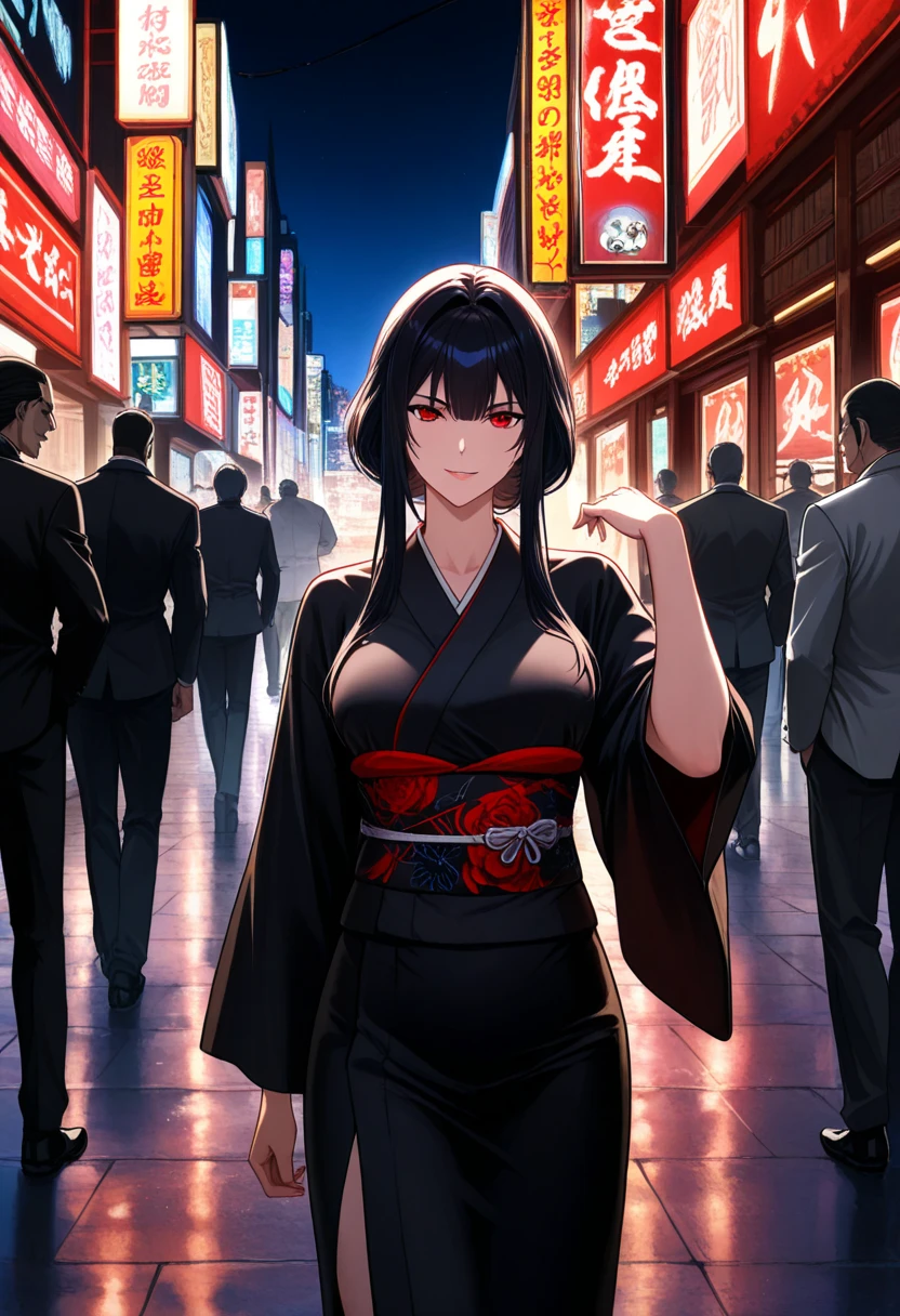 1girl, dynamic pose, in a neon city with neon signs and buildings in the background, ((adorable japan girl)), Artgerm, cyberpunk art ,colorful, ((realistic)), blush, perfect body,long black hair, black t-shirt, cleavage, skirt, soft lighting, night,8k,(masterpiece, best quality:1.5), intricate detailed, depth of field, looking at viewer, ((cowboy shot)),(((bokeh))),