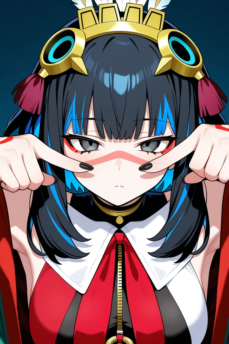 1girl, short hair, red eyes, (black sclera), multicolored hair, black hair, sidelocks, blue hair, feathers, headdress, facepaint, jewelry, tassel, green detached collar, bare shoulders, smug, ahegao, tongue out, saliva, fang, looking at viewer, yandere, pink background, hearts, masterpiece, score_9, score_8_up, score_7_up