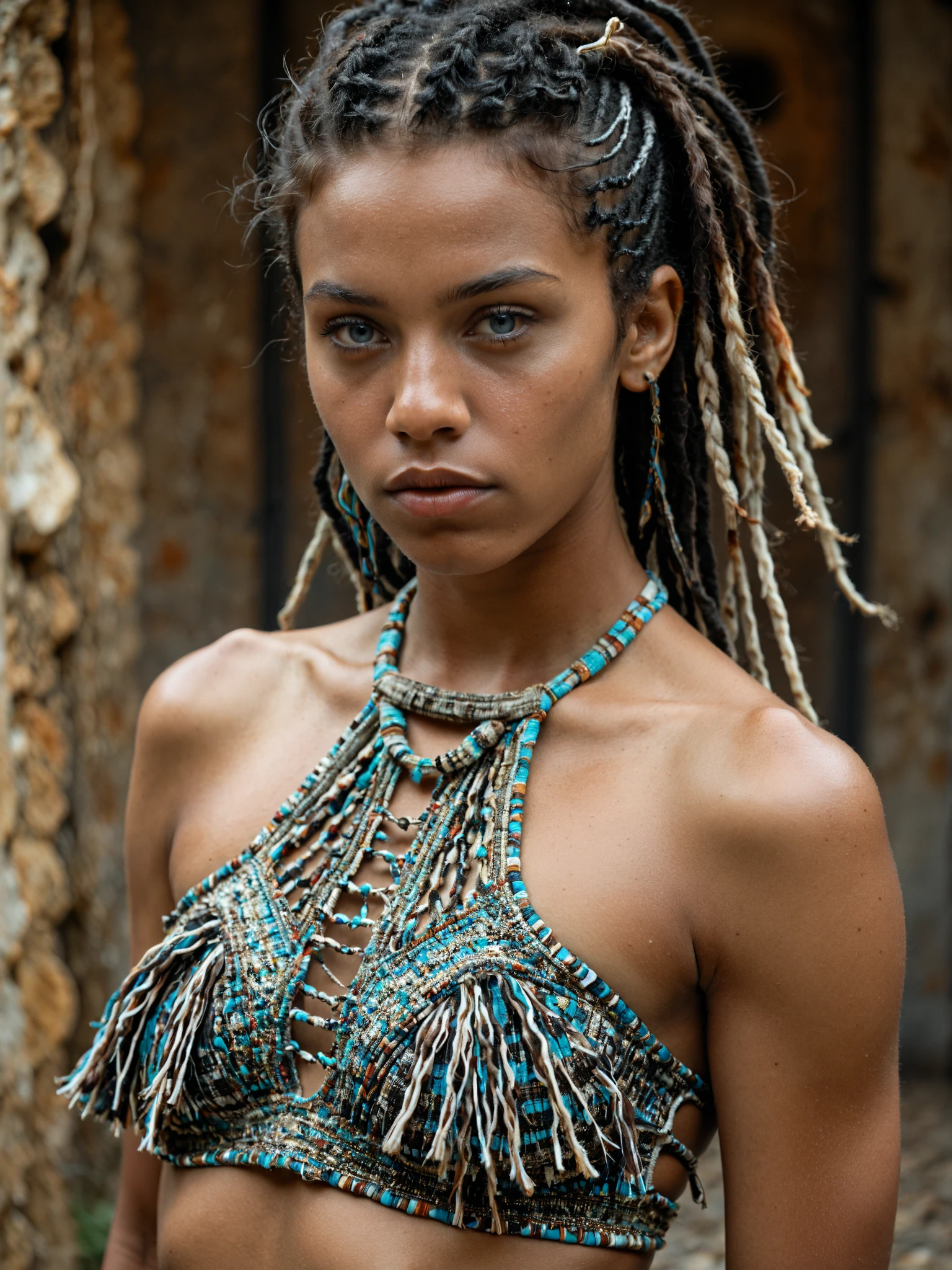 <lora:ChainHalterTop_XL:1> ChainHalter,  catalog shot, women's  chain halter neck top, (stylish:1.3) poses, (elegant:1.2) design, (vibrant:1.1) colors, (sleek:1.2) atmosphere, Canon EOS-1DX Mark III, high-resolution image, rich colors, hyper-realistic lifelike texture, soft lighting, trending on ArtStation, Cinestill 800, dreadlocks