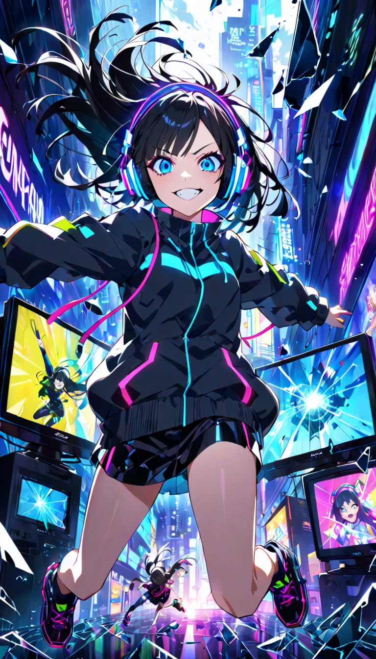 At the heart of a vibrant digital environment, se encuentra nuestro protagonista, un chico animado sumergido en el ritmo atrapante del trap. Your eyes sparkle with excitement as you wear futuristic headphones that emit flashes of LED lights in sync with the music.. Su cabello, estilizado en un corte moderno, It seems to move to the beat of the electronic melody.