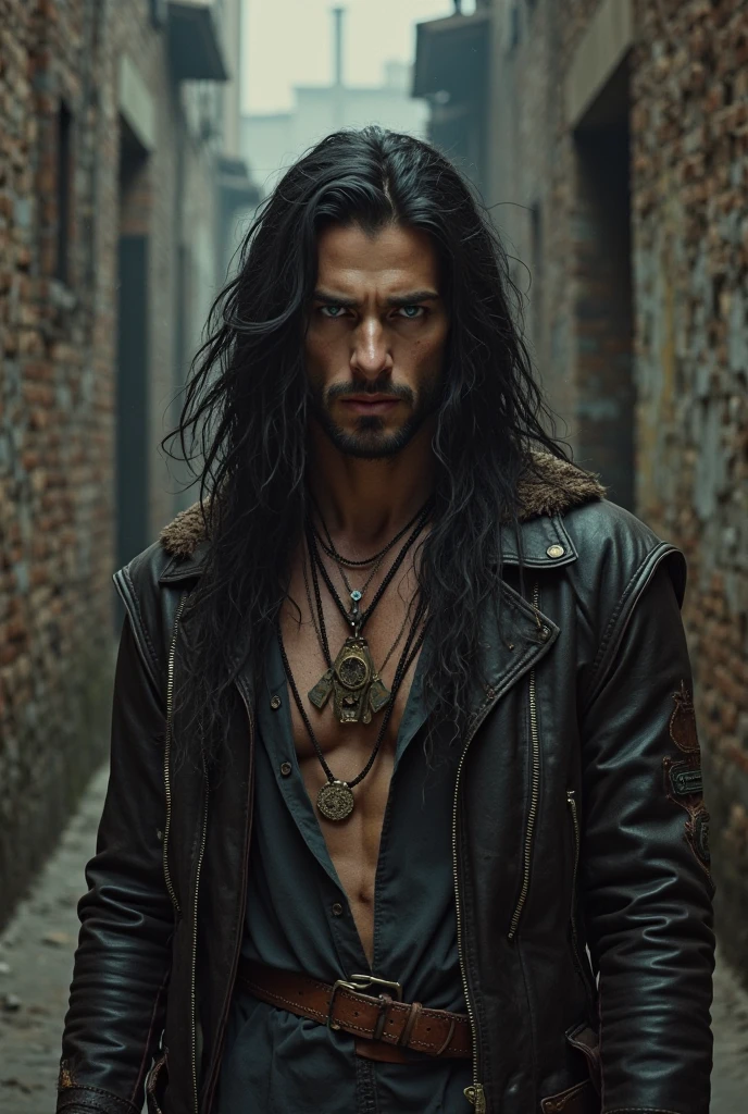 Un personnage masculin aux cheveux noirs, longs. Il a des yeux clairs et un regard intense. Il a une trentaine d'années. Il a une peau clair et ses muscles se devinent. Il a beaucoup de tatouages et quelques piercings. Il a un style sombre.