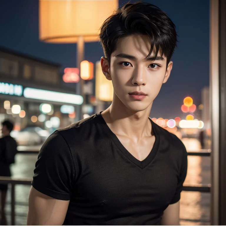 In the midst of a city at night, a young Chinese boy stands on a cobblestone street, illuminated by the soft glow of streetlights and neon signs. The sky above is a deep blue, dotted with twinkling stars, casting a serene and magical atmosphere over the scene.

His hair is straight and natural, with bangs softly brushed by a gentle breeze. His face is youthful and clean-shaven, exuding an innocent charm. He wears a simple white T-shirt that clings to his muscular frame, highlighting his well-defined pecs and strong muscles. He is dressed in shorts, which show off his athletic legs. His hands rest casually at his sides, conveying a relaxed and confident demeanor.

Behind him, the lively street is lined with shops and colorful neon lights that reflect on the wet pavement, adding a vibrant and dynamic feel to the night. People hustle and bustle, but he seems detached from the commotion. His gaze is soft and contemplative, fixed on the distant horizon, as if lost in thought. A faint smile plays on his lips, though his eyes reveal a hint of sadness and nostalgia.

The camera zooms in on his slightly parted lips, as if ready for a tender kiss. His tongue subtly traces his lips, showing a longing expression. The air is filled with a sweet aroma, making each breath taste of romance. His lips glisten slightly in the streetlight, appearing particularly inviting.
((depth of field)),((open and vast place)),telephoto lens,(((close-up))),(chest focus),(((perspective from below))),(simple background),(simple color),((blurry)),(horizon),
 1boy,cool guy,peaceful,((floating short hair)),((((bangs)))),(((soft clean hair))),(((silky skin))) ,((smooth skin)) ,clean body,(clean face),((smooth face)),(natural pretty face),((adam's apple)),((looking at you)),((solo)),(teenage),(wind),(chin up),(hopeful),
((skin tight open shirt)),(mini white shirt),see-through,
(narrow waist),slender waist,muscular,(broad shoulders),((huge wide chest)),(((huge plump chest)))