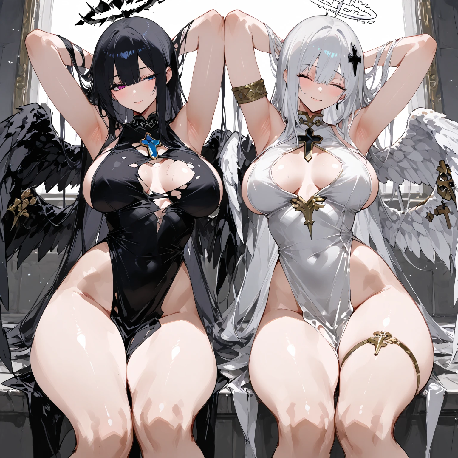 light skin color, white hair color long hair, Bigchest, 1:70, Turn your back to the camera,sexy for,Nero,White wings, angel kneeling, Overhead halo, yellow-eyed, sexy for姿势, Angels, 26 year old, angel mark, enchanted,hyper HD, White hair, eBlue eyes, Mother and daughter.Squat down and open your legs