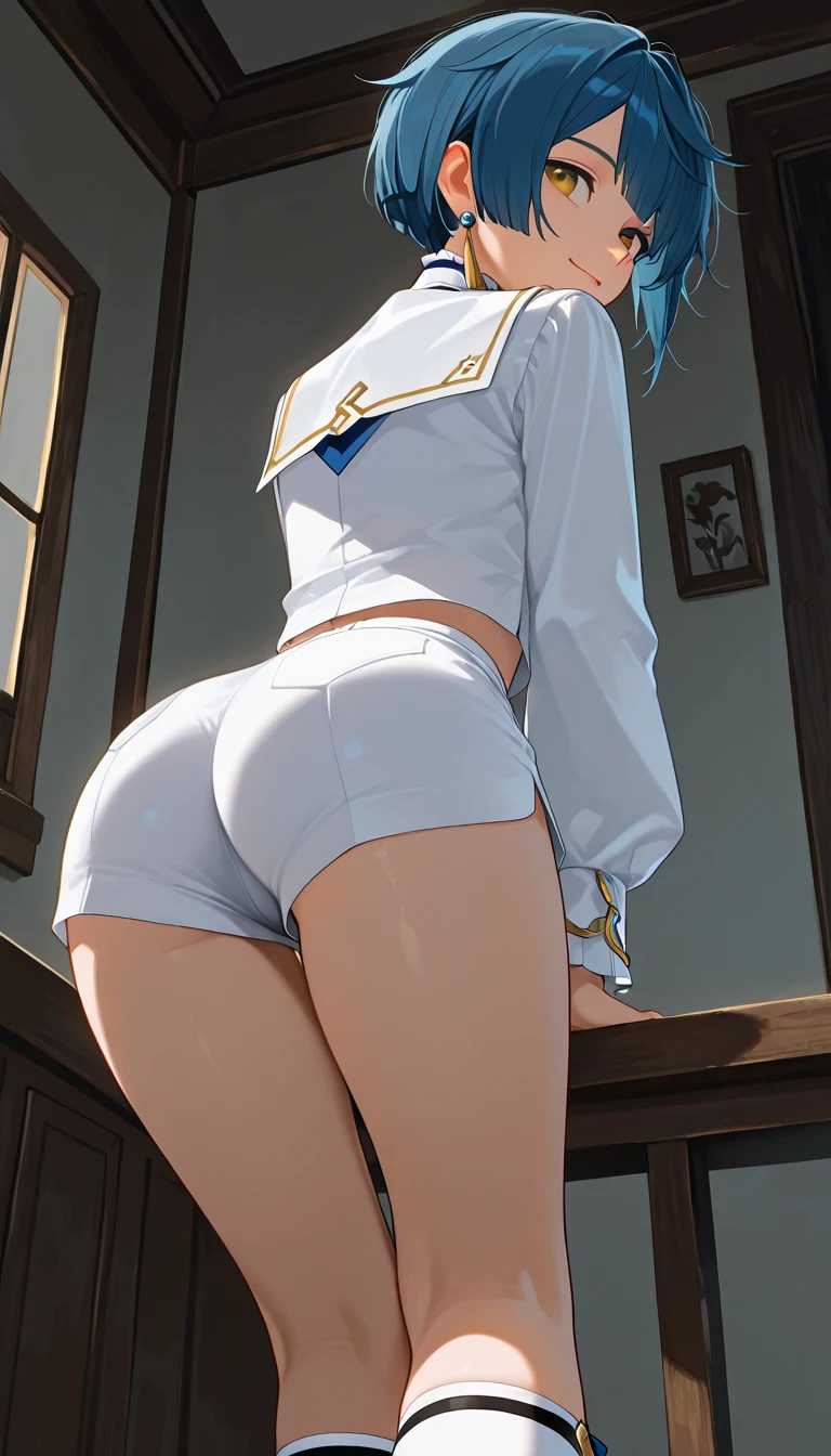 (((masterpiece, Highest quality, High resolution, 超High resolution, Perfect Pixel, Depth of written boundary, 4K, RTTX 10.0))), Beautiful Anime Women, Beautiful art style, Anime characters, ((Smooth texture, Realistic texture, Anime CG Style)), Exact finger count、Exact number of legs、(Exact number of arms:1.0, Exact number of hands:1.0), (Perfect hands, Perfect Anatomy.1.5), Cinematic, Realistic, Extremely detailed CG, Daytime lighting, Perfect lighting, Best Shadow, The best natural light, Perfectly balanced style, Perfect body, ((A woman is walking, The skirt is flipped by the wind:1.3), (Sailor suit, Navy pleated super mini skirt, Black knee socks:1.3), (Sexy and cute light blue panties, Shiny satin side-tie light blue panties, Light blue panties with lace trim around the edges:1.3), (From directly below), (Butt close-up, Ass close up:1.3), (In town, City stairs, blue sky)