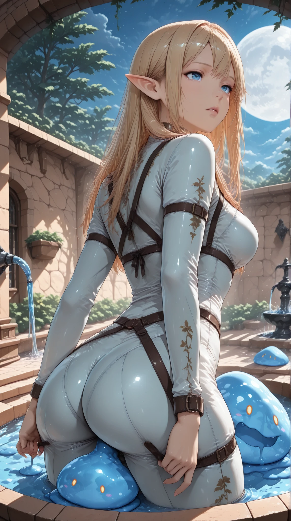 (((Highest quality: 1.4))),(An unparalleled masterpiece), (Ultra-high resolution),(Ultra-realistic 8K CG, Camera view from behind), Official Art、 (((Adult Nudity, Huge Naked and Nipples Exposed, Tied up and tied up bondage style, shibari rope bondage))), (((One Girl))), ((( Spanish Curly Hair ))), (High Ponytail) ,Punk girl with perfect naked body,Beautiful and well-groomed face,Flashy makeup, (Head to thigh image),((Platinum white Spanish Curly Hair )), Simon Bisley&#39;Urban Brutalist Bedroom,Luxury bedroom detailed background,Beautiful Abs, Complex graphics, Deep pink with white stars、Poison with grey and white stripes々New tattoo )), Earrings