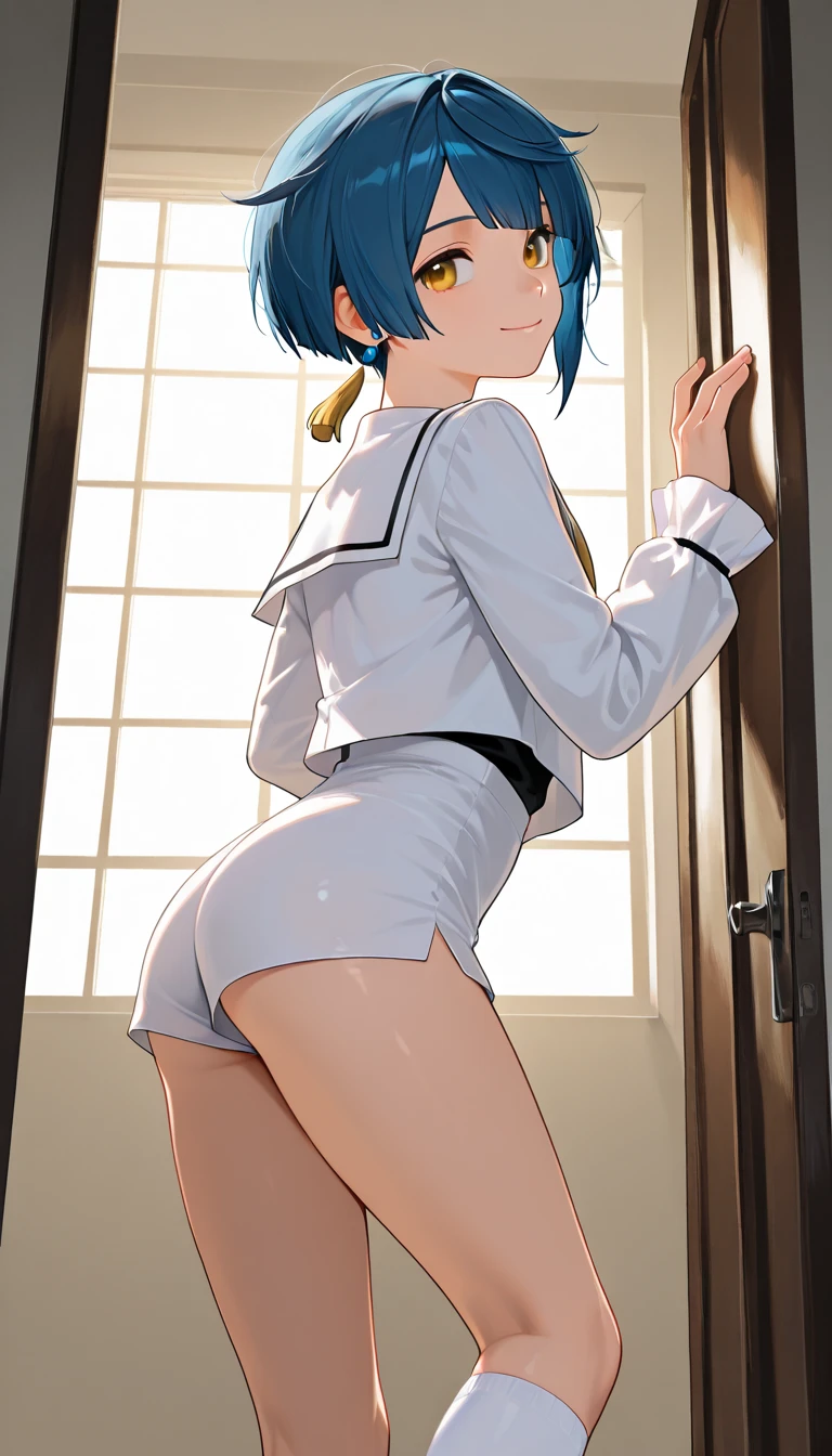 Girl with a dark blue bob haircut and brown eyes, nude, small breasts, cum in vagina, view on ass, detailed, high quality