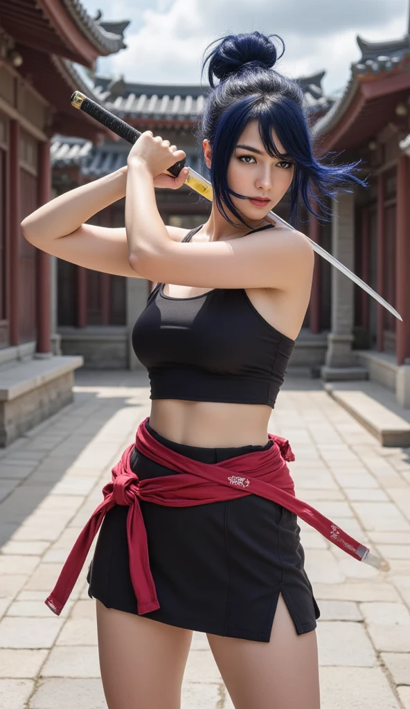 ( anime screencap:1.1),outdoors, 
1girl, solo, black hair, sideboob,standing, short hair with long locks, hip vent, short hair, small breasts, (brown eyes:1.1),black hakama, no bra, gloves, hakama skirt,low twin braids,sash,cowboy shot, facing viewer, looking at viewer, smirk,from below, hands on hips,