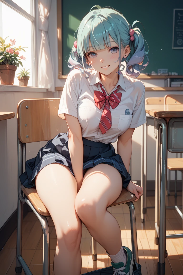 、M-shaped legs、８K,Silver hair, very short hair, slanted eyes, medium breasts（C Cup)-Pale blue eyes、、８K, highest quality, masterpiece, Ultra-detailed、full lip、M-shaped legs、classroom、blackboard,Blushing、