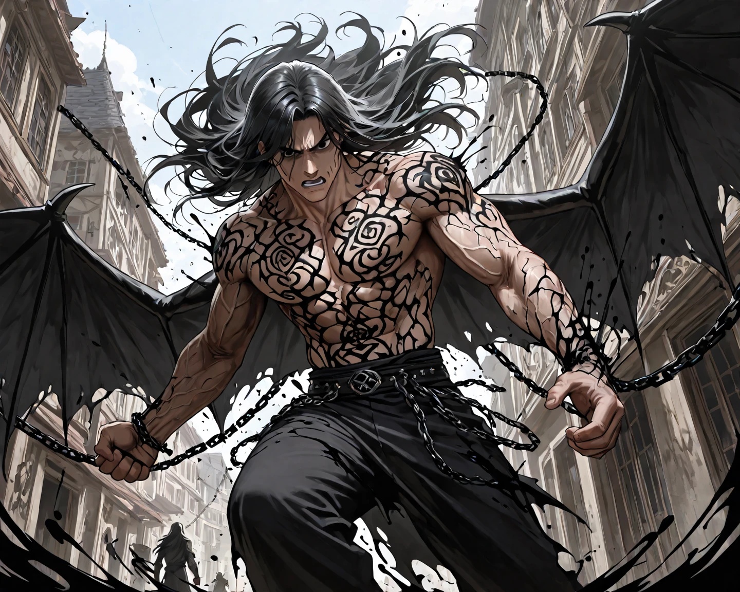 man who can transform into a dragon. I want him to have medium black hair, be very strong and have some tattoos on your arms as if they were scales, I want him to have black wings like a dragon, and he must have black armor.