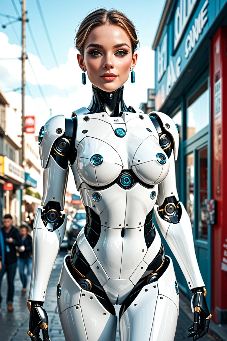 A woman in a robot costume poses next to an ancient building, beautiful white half-cyborg girl, cute cyborg girl, красивая cyborg girl, perfect robot girl, cyborg girl, young cyborg lady, beautiful female robot, Красивая female robot, cyborg girl, ideal cyborg woman, porcelain cyborg, female robot, beautiful image of a cyborg