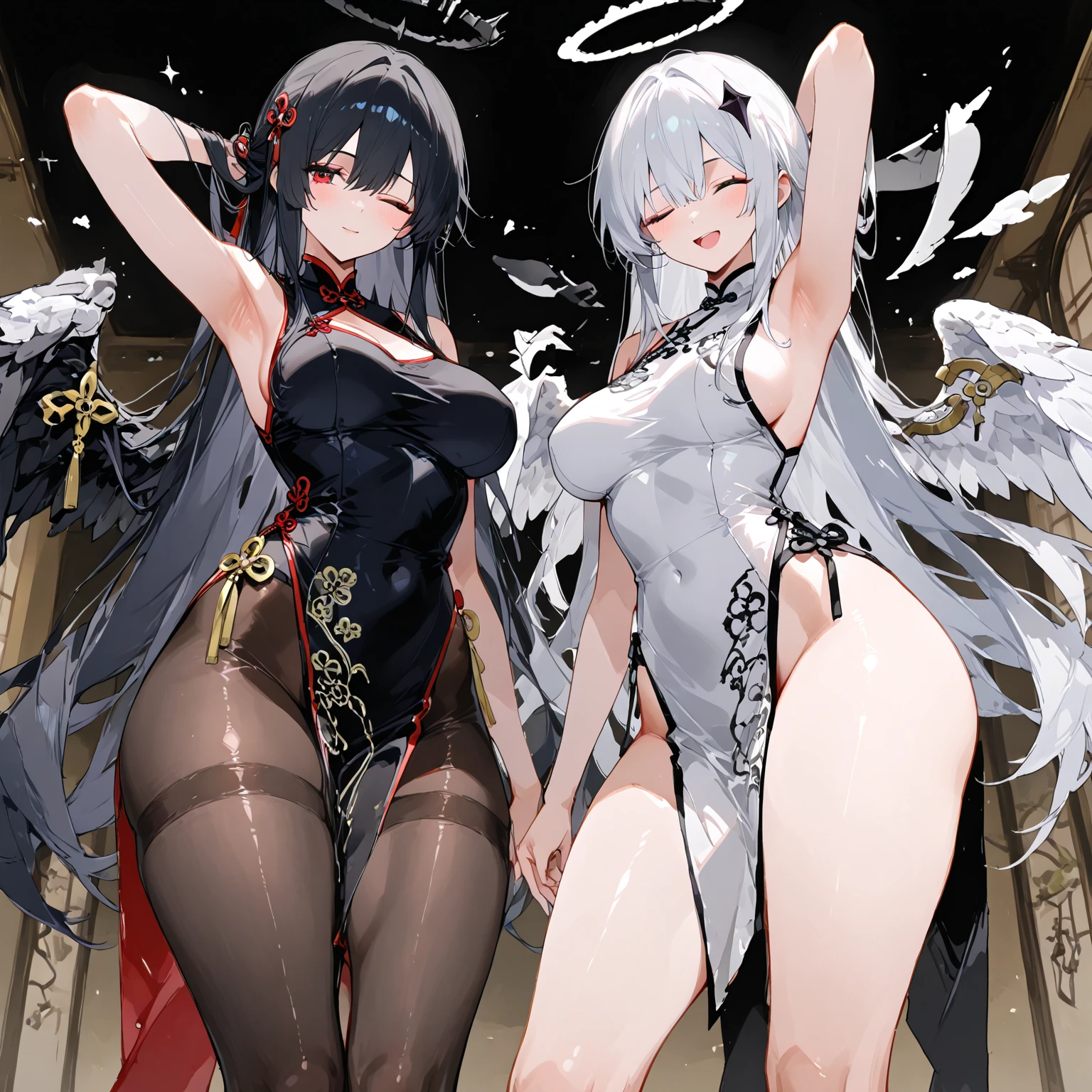 a high resolution, masterpiece, Very detailed,  Two girls, twins, Very long hair, hair to the floor, White hair, black hair, Blue eyes, Scarlet eyes, flat chest, Long sleeves, white stockings, bare chest, naked torso, full length, Red shoes, Front angle, standing, vertical twine