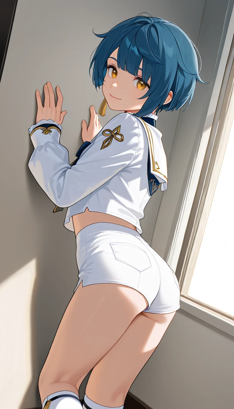 masterpiece, best quality, ultra-detailed, 1girl, rem, re zero, Blue hair, Short hair, beige school uniform, white jacket, look at viewer, short hair, full body, from behind, scal smile, more_details:-1, more_details:0, more_details:0.5, more_details:1, more_details:1.5, Apple_butt, big_ass