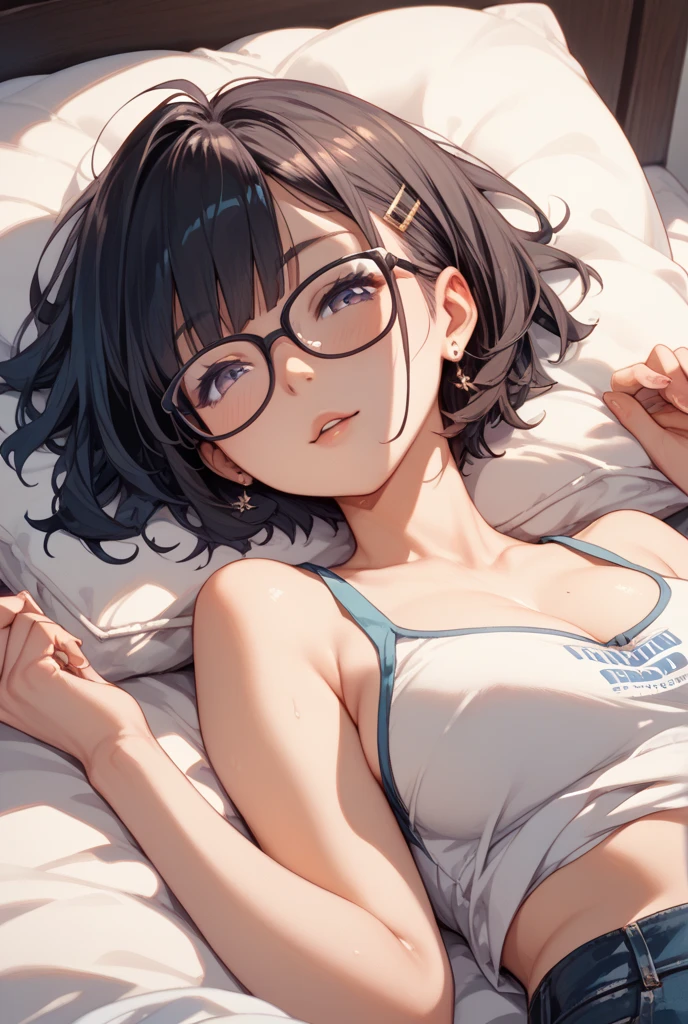 Yoru, Masterpiece, top quality, high resolution, solo, small breasts, indoors, unkempt bra, thong, (range: 1.2), lying, from above, arms open, bed, shaggy underwear, heavy breathing, sexual expression invite