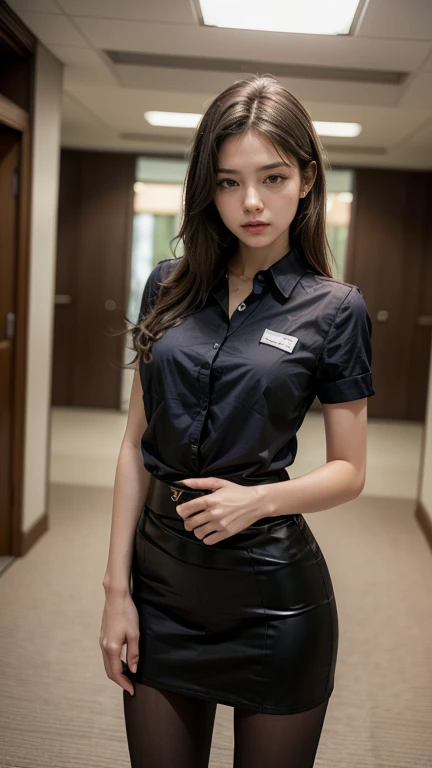a young girl, (realistic,photo realistic:1.37), ( nurse uniform),(fishnet stockings) ,( big breasts),(Nurse Cap),( smile),(Looking at the camera),Hospital room decorated with spooky Halloween decorations, illustrations, high quality, ultra-detailed, dark atmosphere, vivid colors, intense lighting, eerie shadows, haunted ambiance, flickering lights, foggy corridors, scary props, cobwebs, creepy dolls, medical equipment, eerie nurse's station, glowing red eyes, hauntingly beautiful, provocative pose, professional photography, mix4,Hair is long and beautiful、inner colored、Hair should be tied back, stand,(open legs)