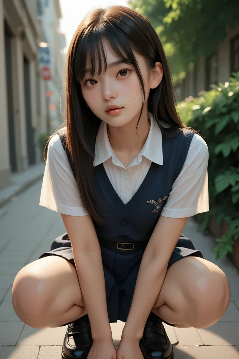 (Professional Portrait, Realistic and perfectly shaped subjects:1.3), (masterpiece, Highest quality:1.2), (Realistic, Ultra-realistic, Realistic:1.3), (ultra High resolution), High resolution, Intricate details, Very detailed, (Extremely detailed CG, unity 8k wallpaper:1.3), Clear images, break (One of the Japan, ), (cute, Slim figure), (Perfect Anatomy, Correct limbs:1.2), (Perfect hands), Perfect Arms, Beautiful and delicate down to the last detail, Beautiful and delicate eyes and eye highlights, (Very thin and delicate、Not too long eyelashes), (Captivating eyes, Beautifully detailed eyes and face),((Brown eyes)), light makeup, Pink Lip, Lip gloss, Stylish face, (Glowing Skin, Realistic skin detail), Brown Hair,short hair, (Plump breasts), break ((school uniform)), (middle School girls), (White socks), (mini skirt),(White lace panties),shirt open break cafe, squat, (Cowboy Shot), break (((blush:1.4))), ((Embarrassing:1.4)), (((shy:1.5))) break from below break,(Gaze at the photographer),