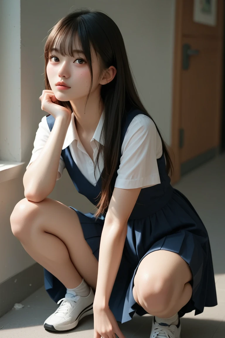 1 high school girl、18 years old、Very cute、wearing high school uniform、Sitting on the floor:1.3、Raise your upper body、Bend your legs and raise your knees、black socks、brown loafers、I can see your panties、white panties、thin legs、beautiful legs、解剖学的にcorrect limbs、correct limbs、looking sideways at the camera、blush:1.3, Looks very embarrassed:1.3、long hair、high definition face、Face is in focus、Ultra high definition and beautiful eyes、Eyes are symmetrical、High-definition and beautiful skin、firm skin、masterpiece、High resolution、8k、highest quality