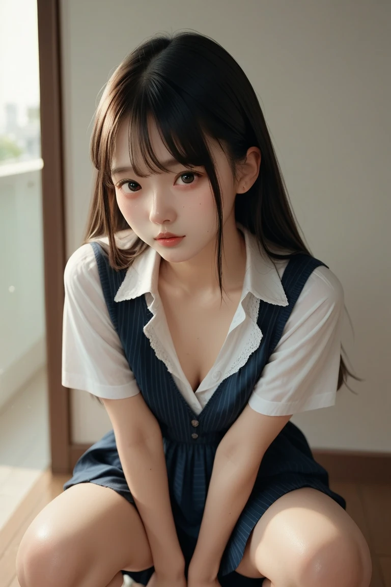 masterpiece, photorealistic, 1girl, blue detailed eyes, small nose, bright purple hair long, 2 buns, white shirt with dark blue bow, dark blue uniform skirt, full figured body, larger chest, beautiful, heart necklace, hopeful, innocent, looking to the right, kneeling on the floor