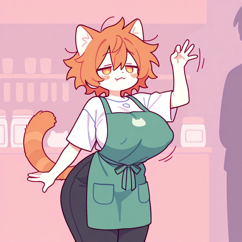 Solo, female, (((by bebebebebe))), standing, shiba inu, brown eye, huge breasts, in a cafe, day, dramatic lighting, (((only wearing a green apron and a black cap))), ((nipple outline)), wide hips, thicc, starbucks, ((thicc thighs)), (((very very horny))), barista, (((embarrassed))), (((barely standing))),