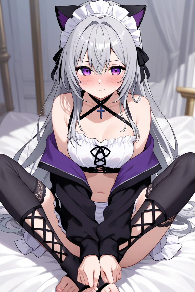 (tmasterpiece)、(top-quality)、(ultra - detailed)、(独奏)、Beautiful girl of 14 years old、small、mediuml breasts，Shoulders bare、Emphasize cleavage、Thighs exposed、Long white hair，super short lolita，bare-legged，Lie down in bed，Look at the camera shyly，Holding urine，Pee came out，Put your hands on the hem of your skirt，(A large amount of clear liquid squirted out of the underwear)，fully body photo，(pink panty)