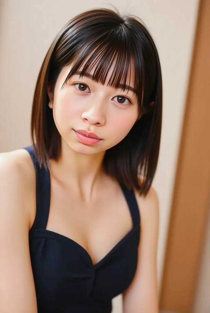 ((highest quality, 8K, Raw photo, masterpiece :1.3)), (realistic、Photoreal:1.37)、Super detailed、ultra high resolution, (professional lighting), alone, 1 female, alone, Beautiful and dense face, shining eyes, brown eyes, lean figure,very small breasts, Fine and beautiful skin, skin texture,A woman is sitting in front of me with her knees on the floor.、look up at the camera、Reach out and grab the camera、The mouth is open and、He has a troubled expression on his face..、 Japanese house、tatami,Japanese style room, Light of the sun, (NSFW,kneel down:1.3, arrive:1.3, open your mouth:1.3, shy), (short hair, brown hair), (clothing: business suit, tight black jacket, white tank top, black tight skirt ), (Floor seen from above:1.5) girl,alone,freckles