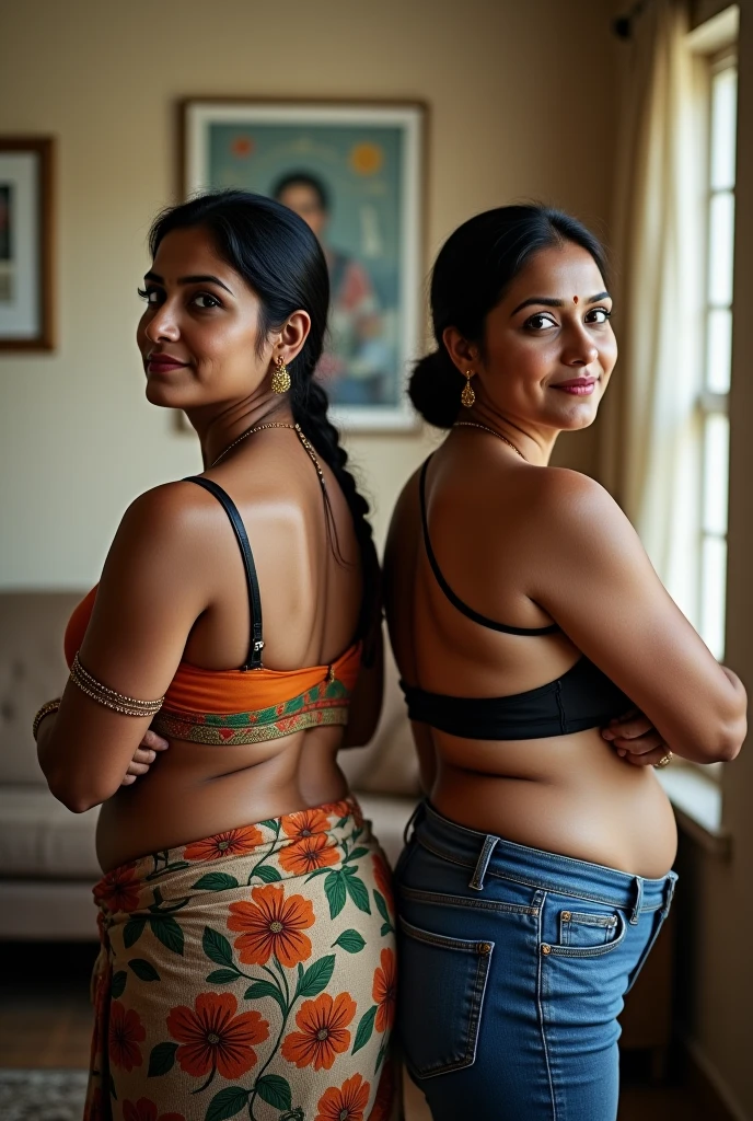 Splitscreen editorial photo of an Indian woman, shot on Canon Eos 7D, ((wearing saree and bikini:1.4)), in skyscraper, office meeting, 32k, cinematic composition, professional color grading, film grain, atmosphere, wondrous, visible navel, ((anatomically correct:1.4)), hyperrealistic, (looking at camera), skirt pulled down, busty, curvy, smiling, ((reflection on a mirror:1.4)), looking at a mirror, ((full body shot))
