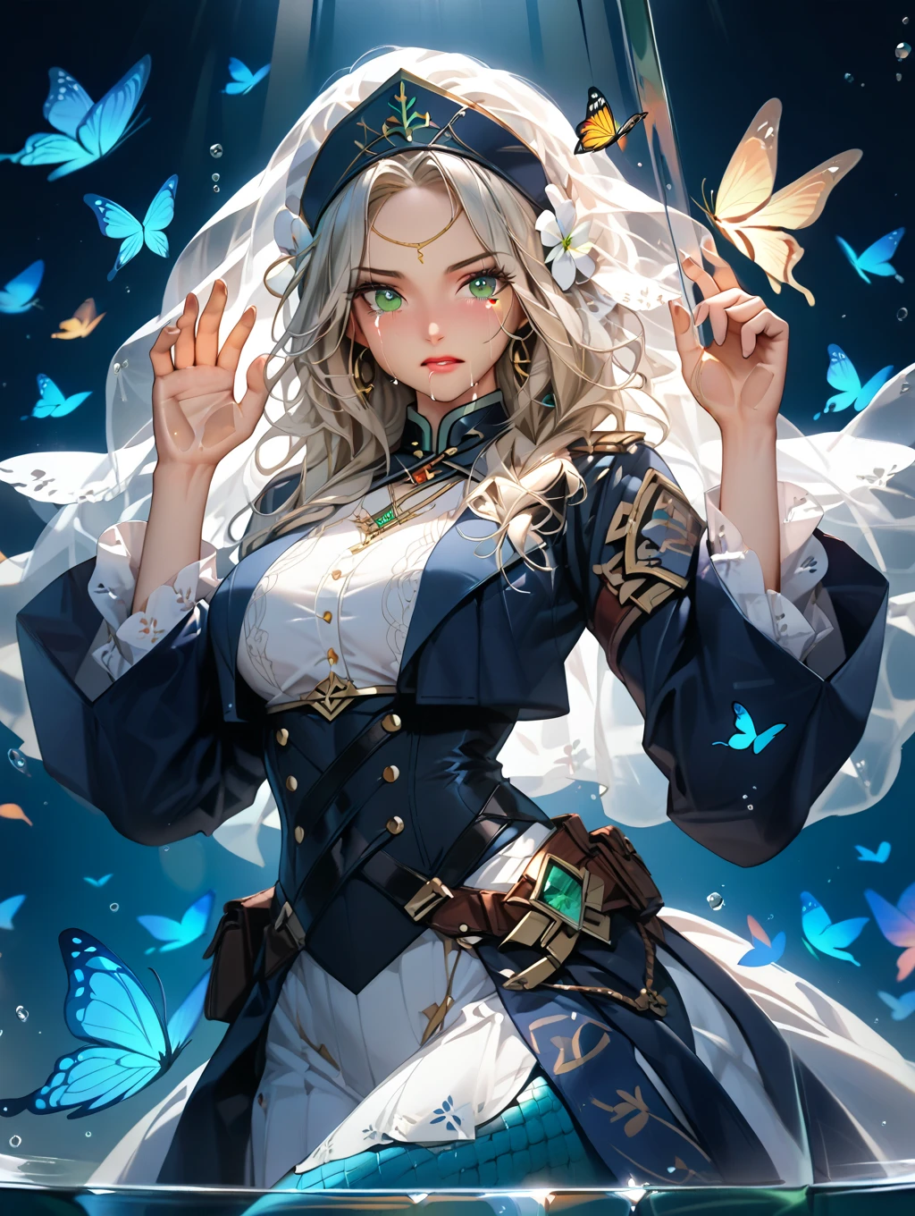 (Masterpiece, Best Quality: 1.4), Detailed Background, White Crystal, Crystal Cluster, Long Hair, Jewelry, Earrings, Necklace, Crown, Bride, White Hair, Halo, (Overlook), Dynamic Angle, Ultra Detailed, Illustration, Close Up, Direct Look, 1girl, (Fantasy: 1.4), (Purple Eyes: 1.233), Her Eyes Shine Like Dreamy Stars, (Glow Eyes: 1.233), (Beautiful and Delicate Eyes: 1.1), (Silver Hair: 1.14), (Messy Hair, Very Long Hair, French braids, hair between the eyes, side hair), (+(blue hair flower: 1.14)), (chiffon dress, uniform blue flower pattern)/= (military uniform: 1.24), (split sleeves, wide sleeves), (fingerless gloves), choker, (miko thighhighs), high heeled boots, (expressionless, shut up), (standing), (classical princess boudoir with dresser floor-to-ceiling windows white ancient palace), (white flowers, blooming), (deep sea), (flowing water), (dark blue world tree:1.14),(Ruins),(Night:1.2),dreamy,Soul,(fluorescent),(Flying Translucent Blue Butterfly:1.15),[Delicate Fingers and Hands:0.55]::0.85], (Finger Detail), (Yubao:0.5)
