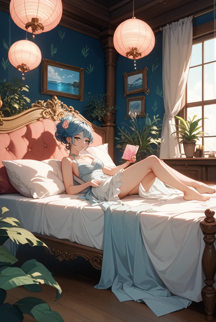 Masterpiece, flat art, girl with camera in fantastic room, eyes light blue and smiling, --aspect 3:2