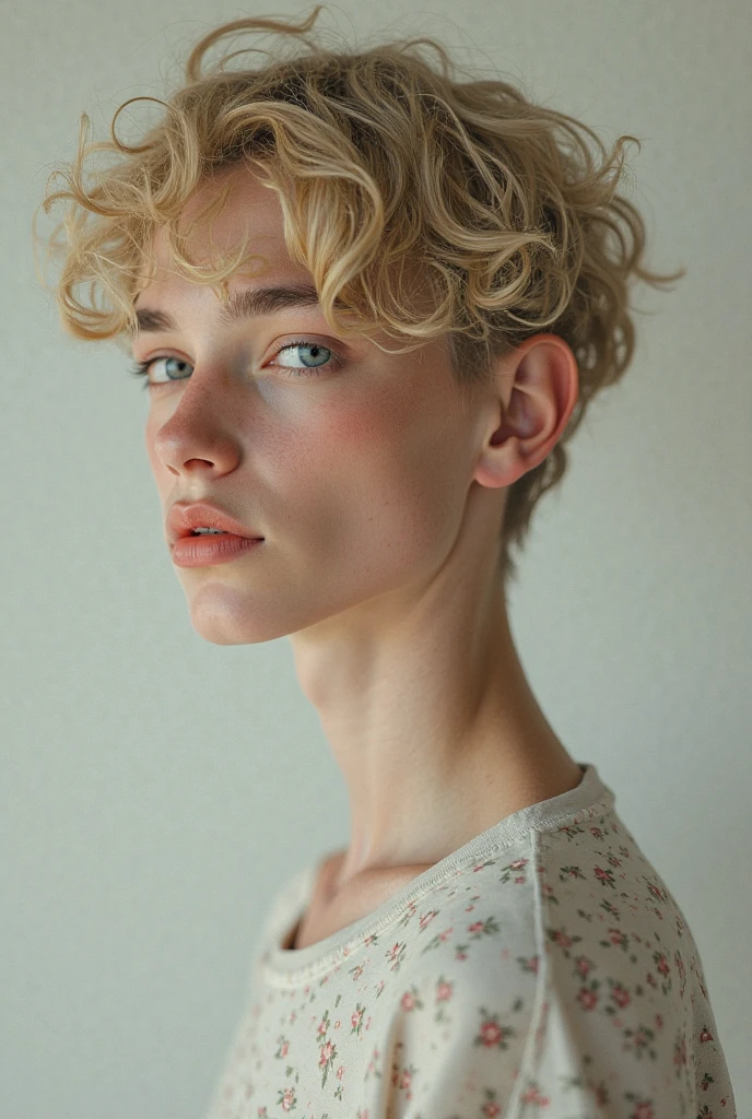 (ultra detailed, hyperrealistic, best quality:1.4), an 18 yo. boy with medium length fluffy blonde hair, oversized tee, (longneck:1.35), soft lighting
