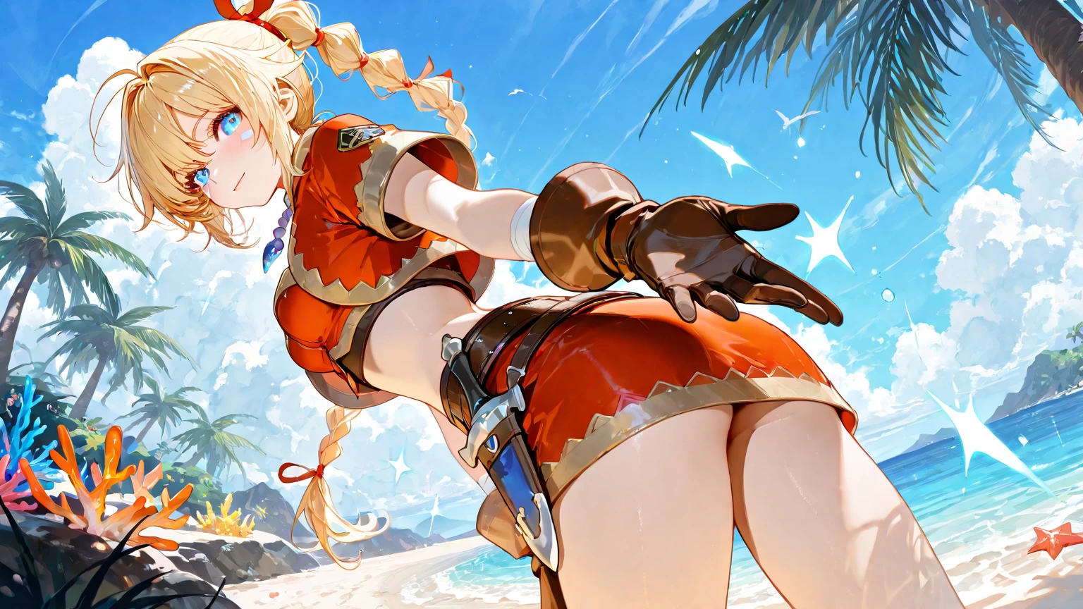 masterpiece, best quality, beautiful art, high resolution, well formed hands, body and fingers, 1 woman, solo, JeanGunnhildr , grown up, cosplaying as Mai Shiranui , adult, big breasted, cleavage full body, long hair, hair ribbon, gorgeous legs and, thighs, sexy Japanese clothes, hair ornament, elbow gloves, dancing seductively and erotically, turning backwards and forwards, showing her back and front, showing her butt, t back, bikini thong, smiling joyfully, sweating ,looking at the viewer, flirting, biting her lips, beach environment