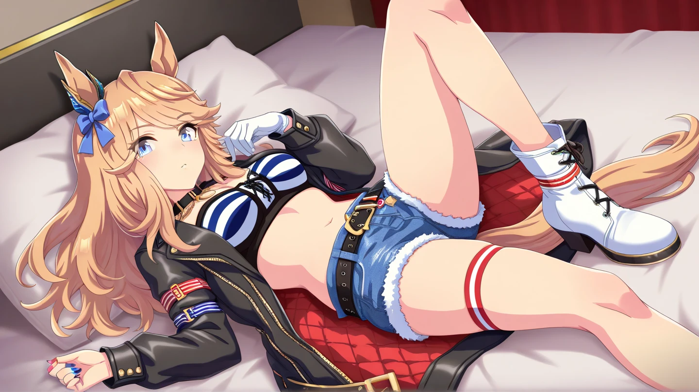 masterpiece, highest quality, very detailed, excellent anatomy, figure, High resolution, detailed background, High resolution , software, 1 girl, blush, gold city \(umamusume\), horse tail, parted lips, black choker, Gold chain, single glove, white gloves, long sleeve, Bando, cleavage, strapless, Tube top, belly button, abdomen, open jacket, open clothes, black jacket, Black belt, denim shorts, cut off, lying on the ground,on the bed