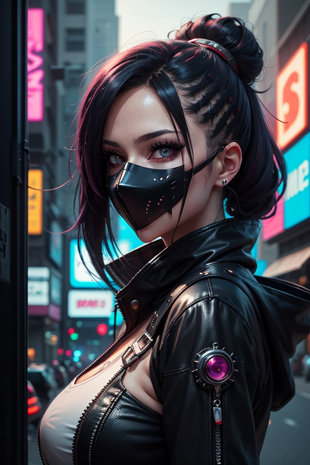 masterpiece, best quality, 8K, CG, cinematic angle,
a young woman cyberpunk, slender, undercut hair, pectorals, apocalypse, mask, dark and evil, <riot, disaster, metal fragments, flowers, petals background>Yohji Fashion Style