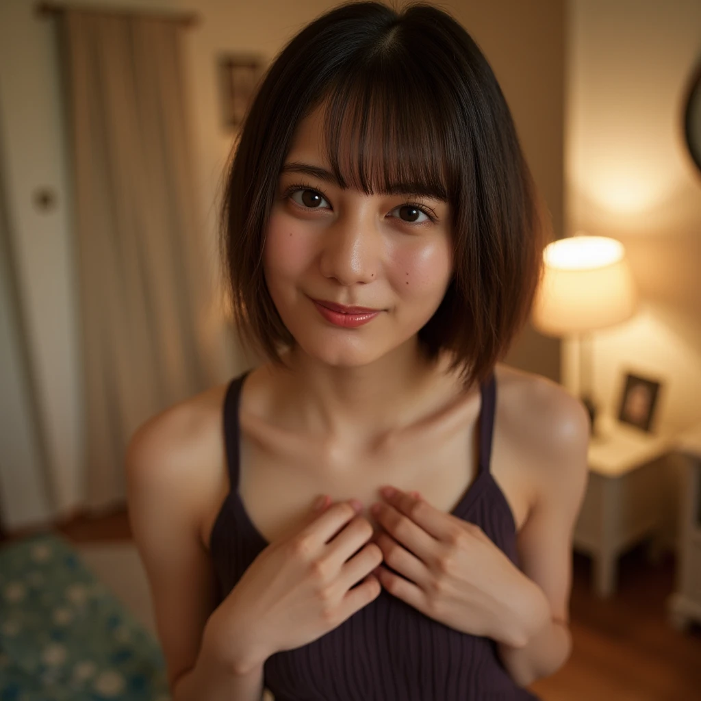 Top quality, 1 beautiful woman, super short Hair, shy-smile, Crouching