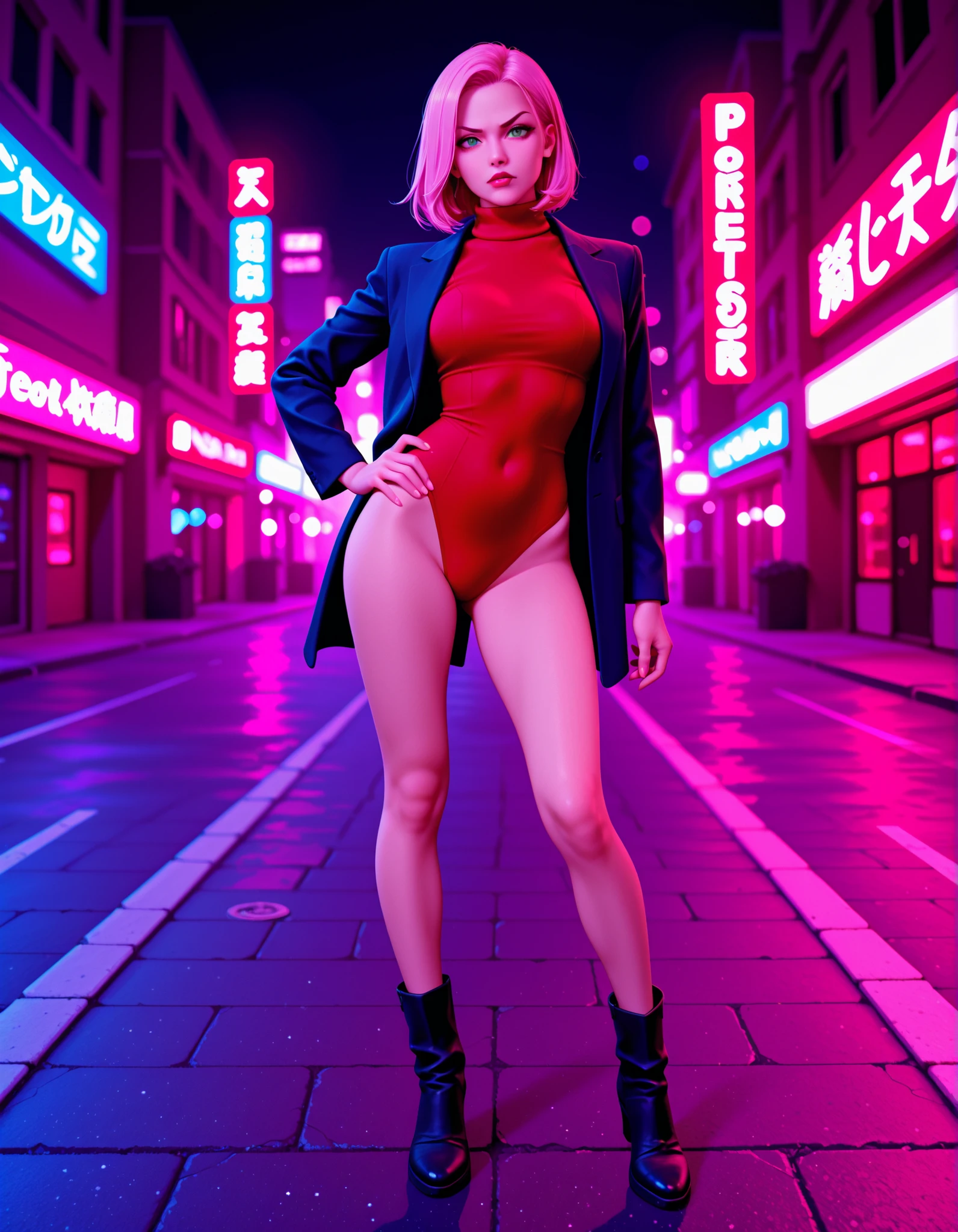 Cinematic movie poster of (nude gorgeous Chinese|Filipina woman), in sci-fi cyberpunk alley, standing, feet, blue pink orange green lighting, best quality, studio lighting 
