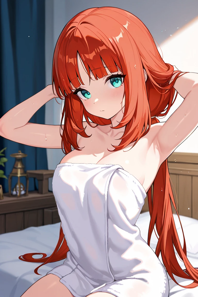 Young woman, slight smile, calmy look, slight blush, long hair, orange hair, beautiful hair, light blue eyes, beautiful eyes. Half-naked, beautiful body, slender body, white bra, white panties, Mid body sprite, anime character sheet, anime body character sheet