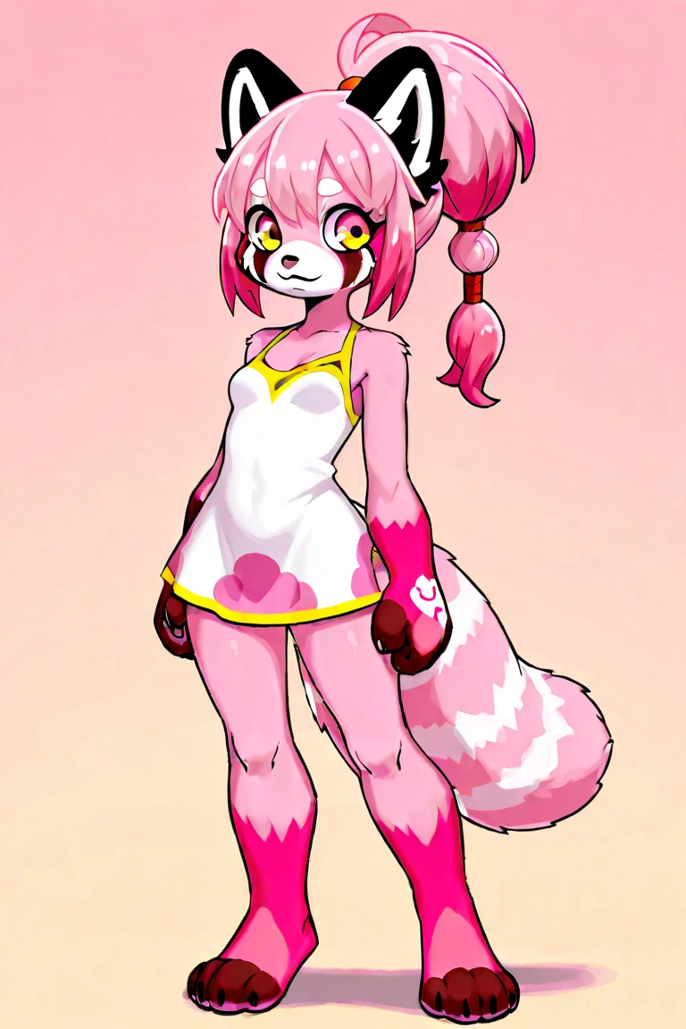 (fluffy anthro furry:1.3), 1girl, solo, pink hair,multicolored hair, short hair, (red eyes:1.2), dog ears,sleeves,swimsuit, <hypernet:furry_kemono:1>, whitefur, beret , short ,
