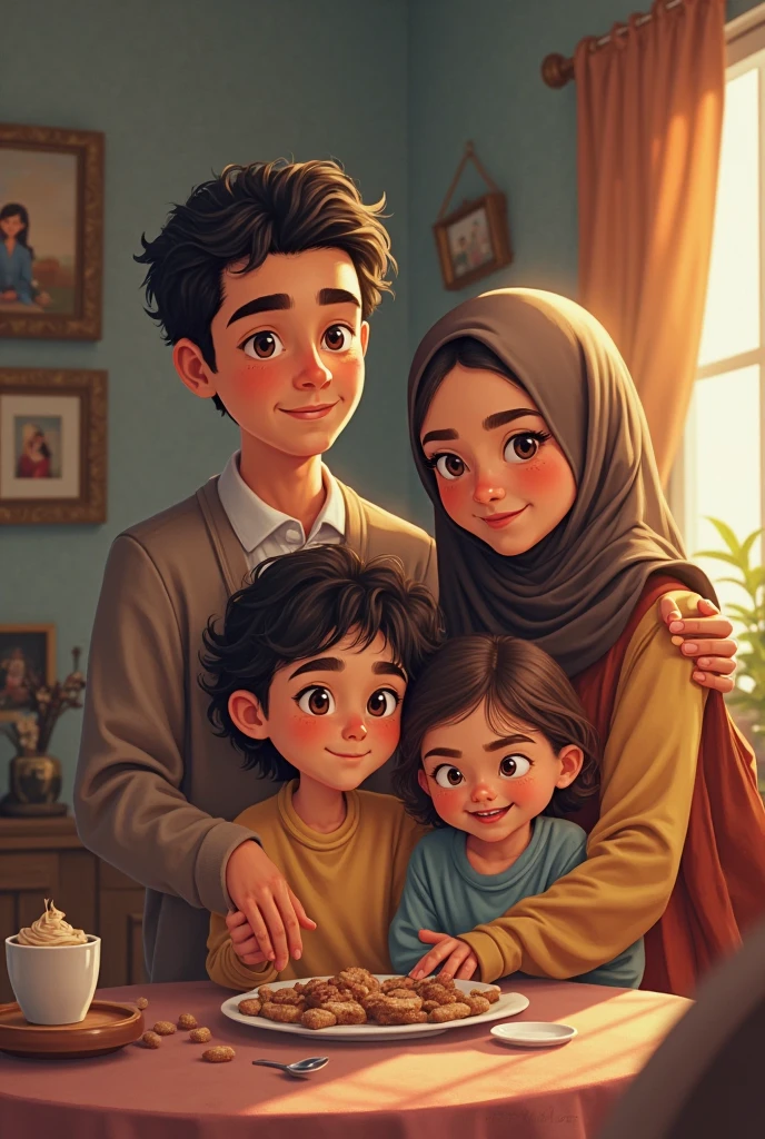 A Muslim family containing one father, one mother, one daughter, then twins daughter and son and then another daughter 