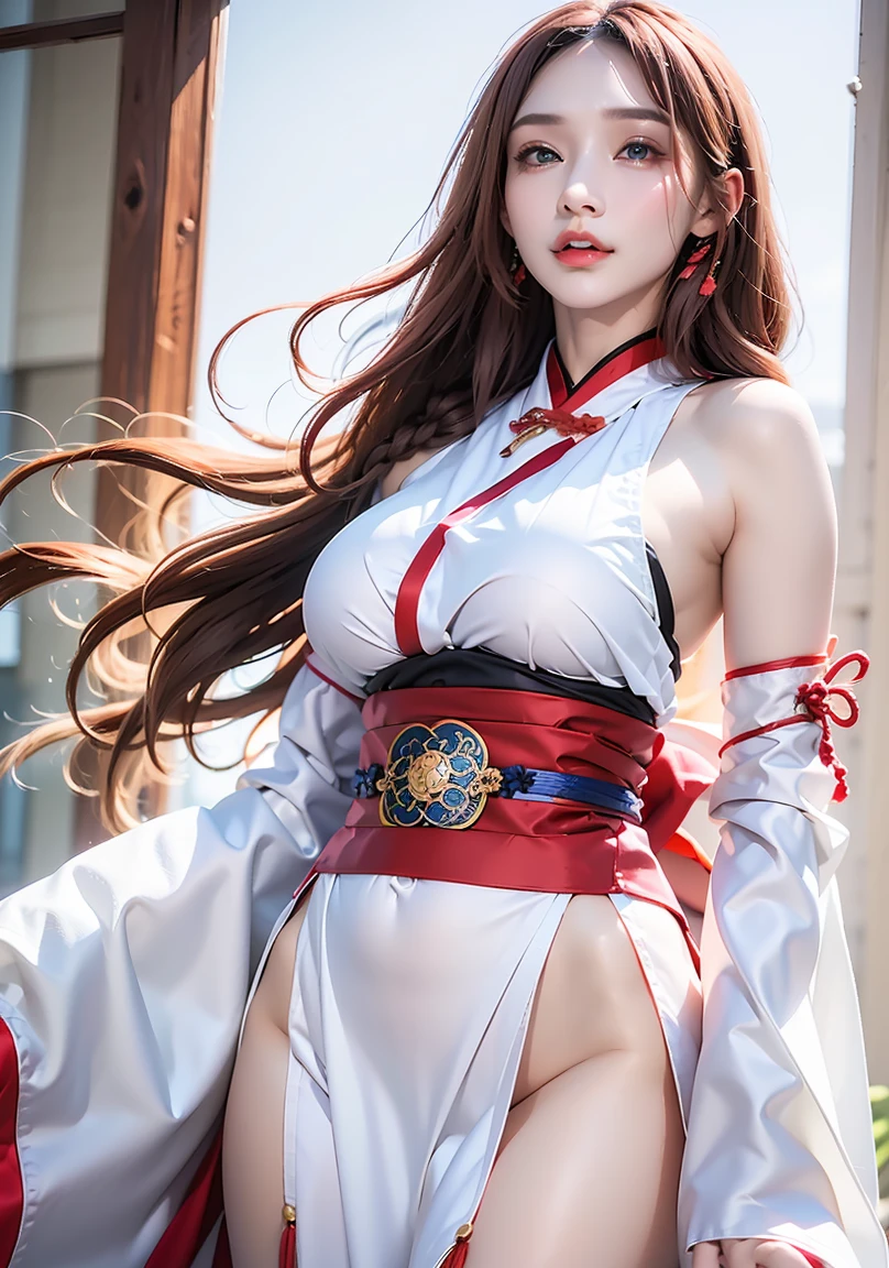 Step into a world of fantasy with a beautiful girl in a hanfu costume. Her thin red silk shirt is adorned with stunning yellow motifs, while her black lace top adds a touch of elegance. Her light pink rabbit ears add a playful element to her look, and her long hair is dyed a mesmerizing pale purple platinum. Adorned with intricate hair jewelry, her pretty face and perfect features are truly a sight to behold.