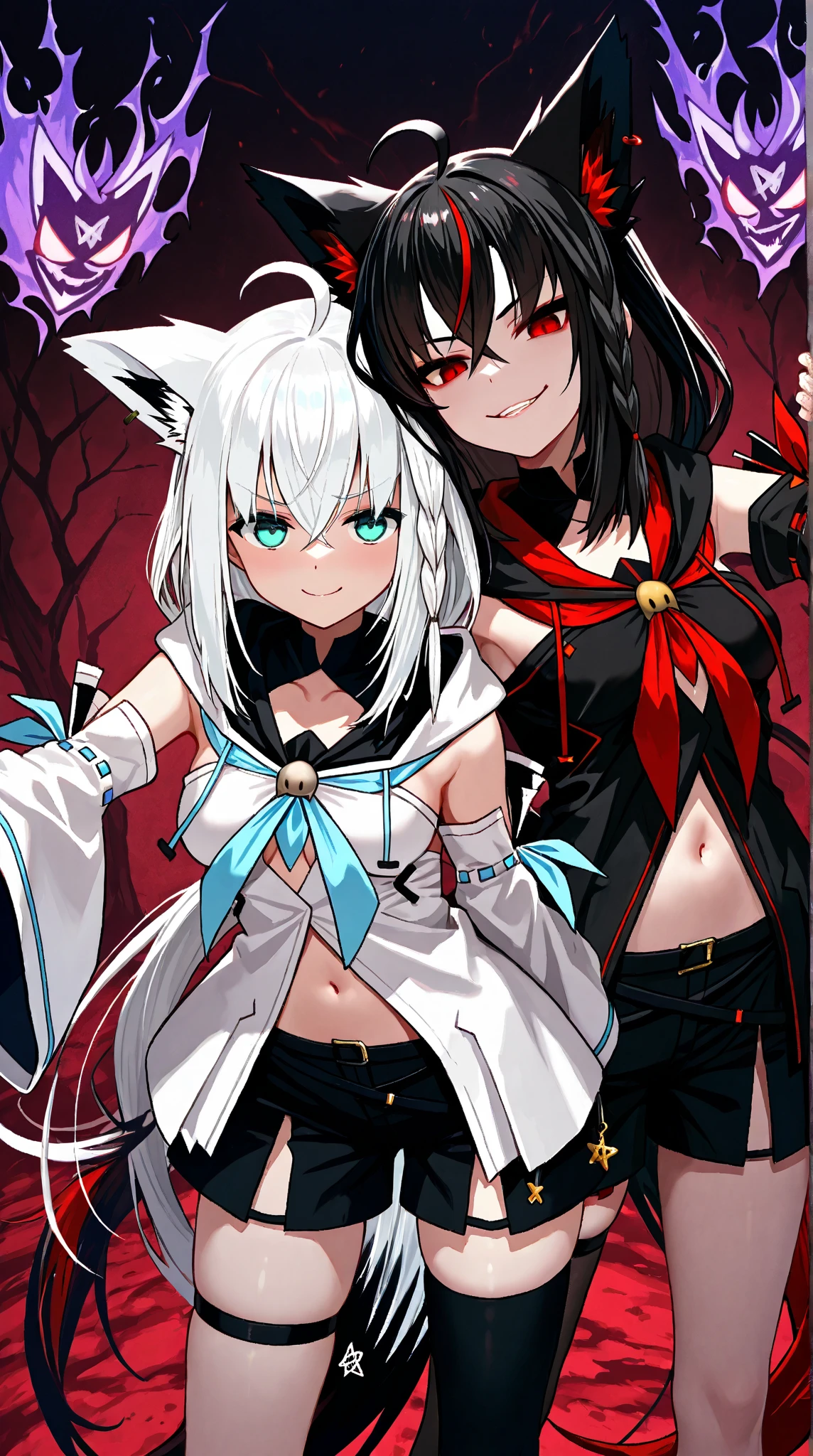 Shirakami Fubuki, kurokami, black hair, black shirt, black shorts, streaked hair, detached sleeves, red eyes, red neckerchief, thigh strap, single thighhigh, ahoge, piercing, fox tail, evil smile, Enchanted Mirrors